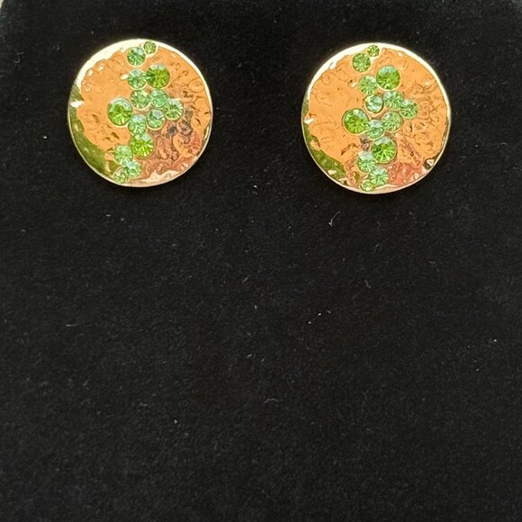 Abstract Green Rhinestone Gold Disk Pierced Earrings - Picture 2 of 4